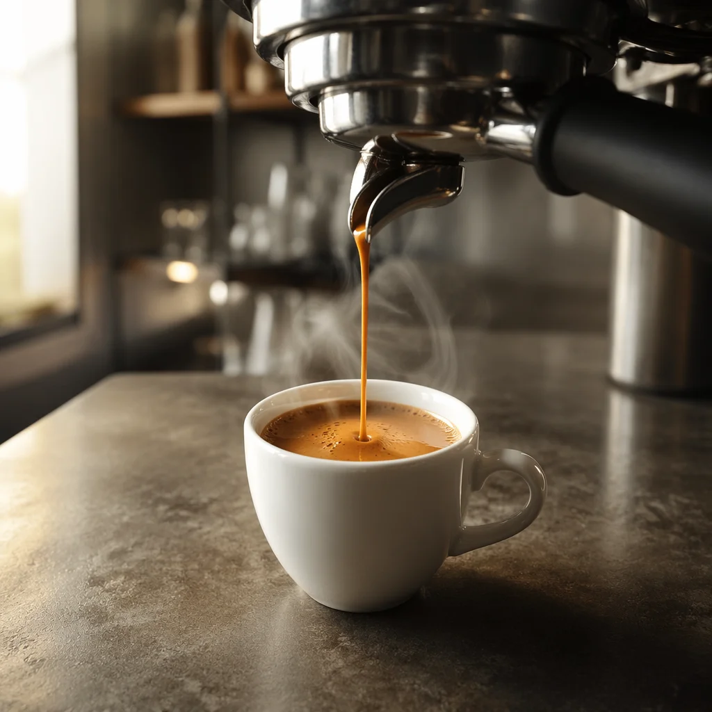 Morning Espresso Pour into White Demitasse