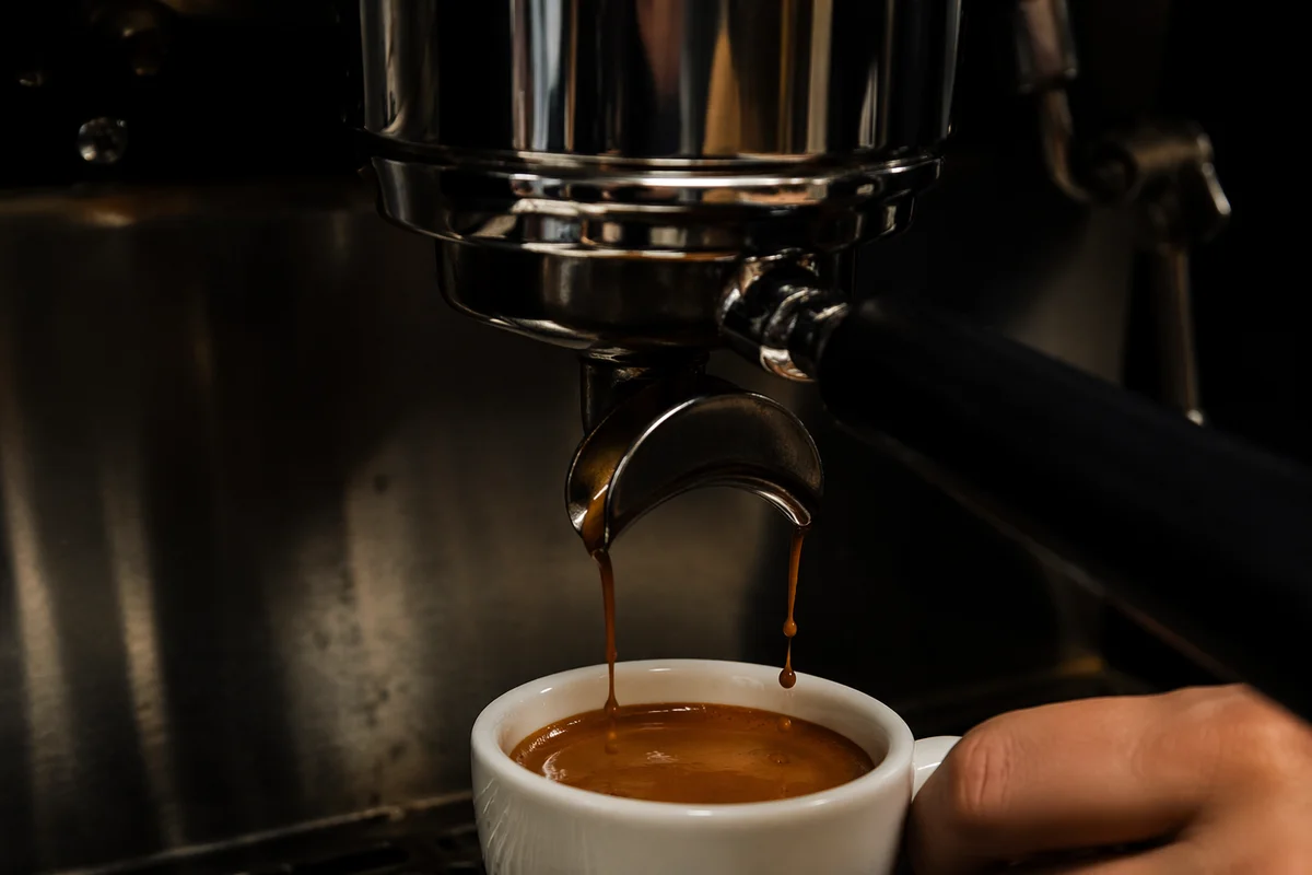 Moody Espresso Pour Into White Ceramic Cup