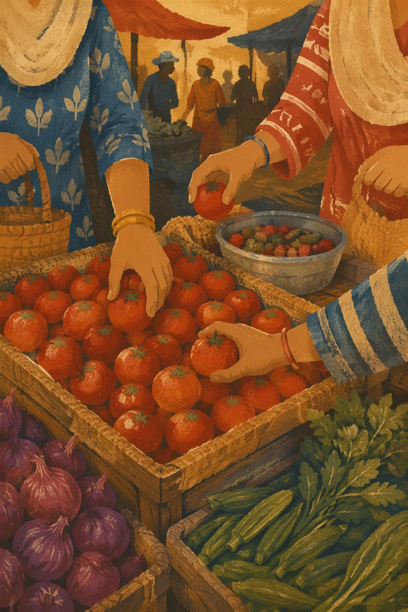 Overhead Farmers Market Tomatoes and Fresh Vegetables