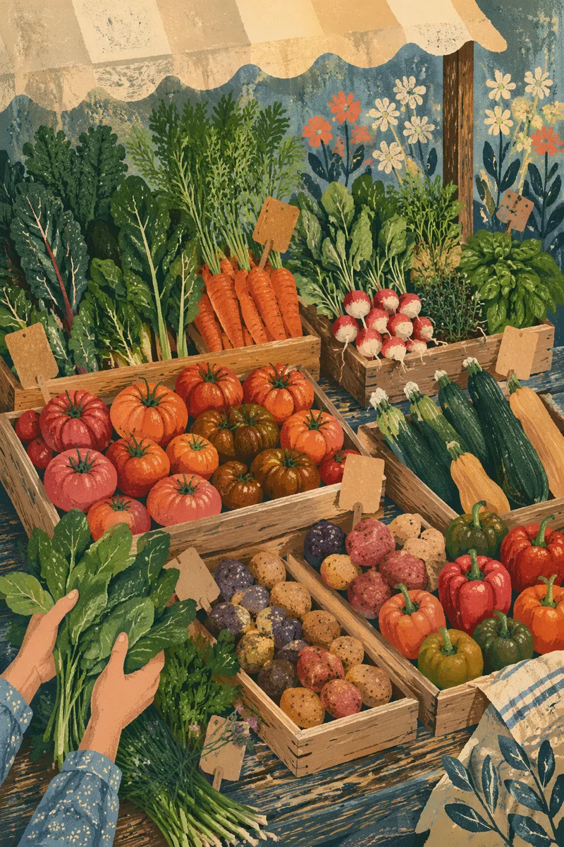 Overhead Farmers Market Fresh Vegetable Display