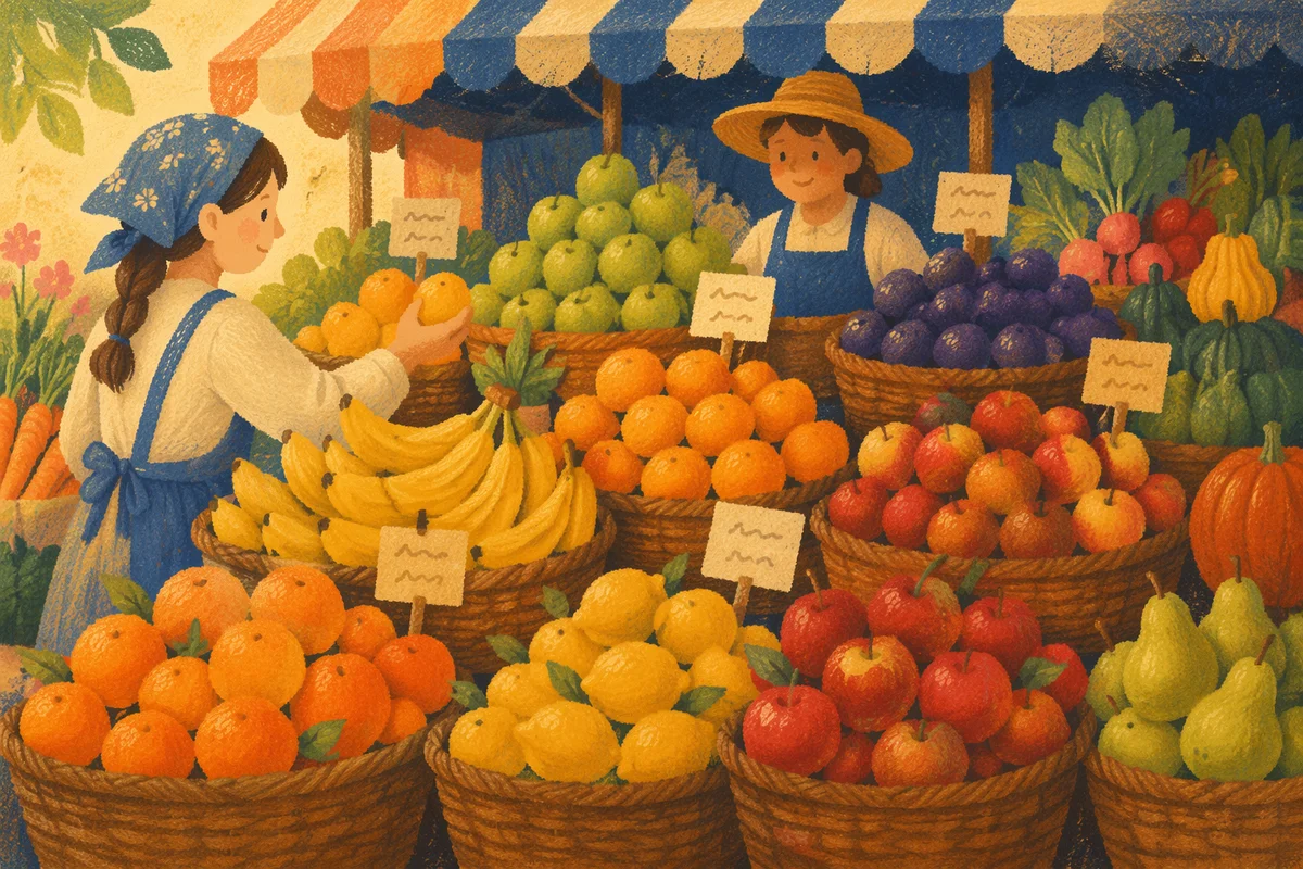 Overhead Farmer Market Fresh Fruit Display