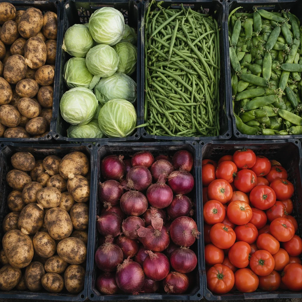 Overhead Farmers Market Vegetable Crate Display