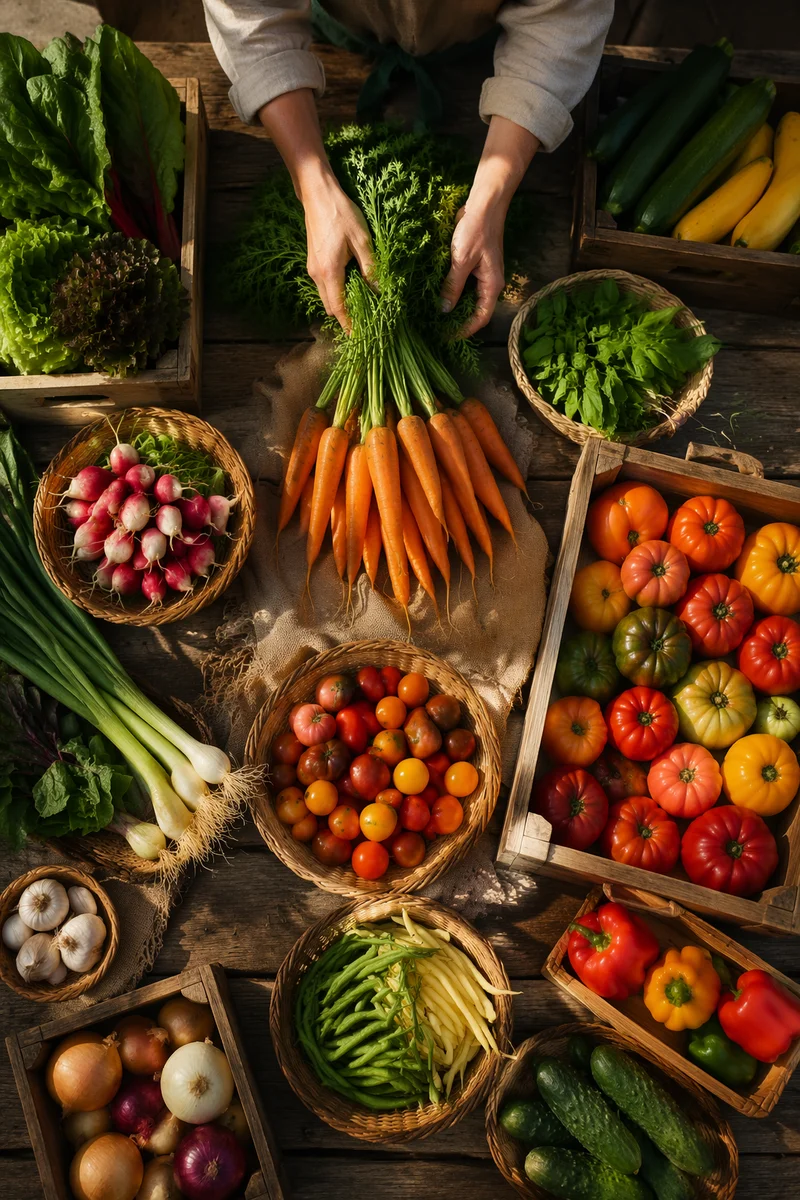 Overhead Farmers Market Vegetable Table Display