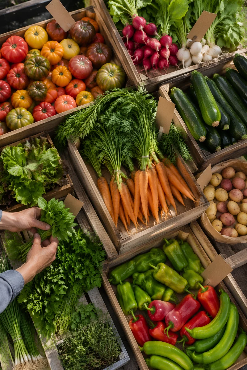 Overhead Farmers Market Vegetable Crate Display