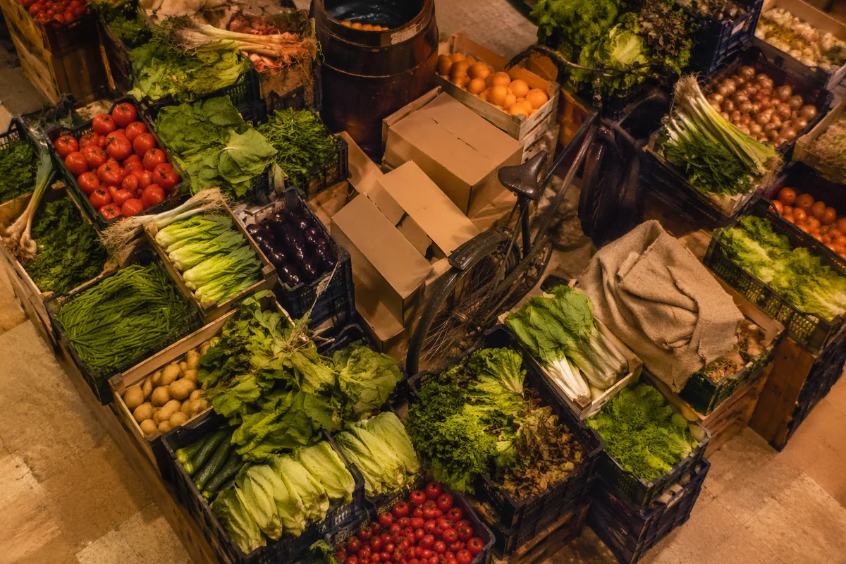 Overhead Farmer Market Vegetable Stall Scene