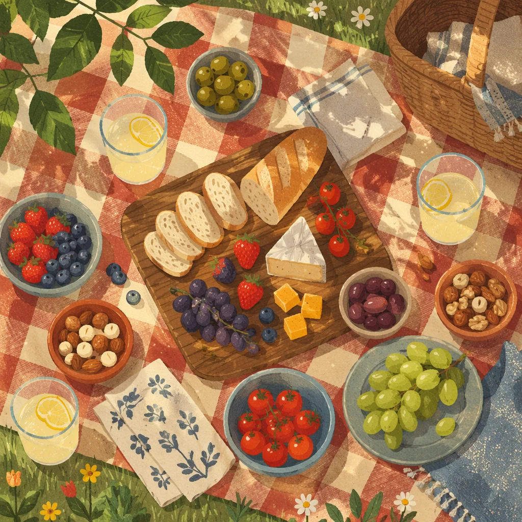 Summer Picnic Flat Lay on Checkered Blanket