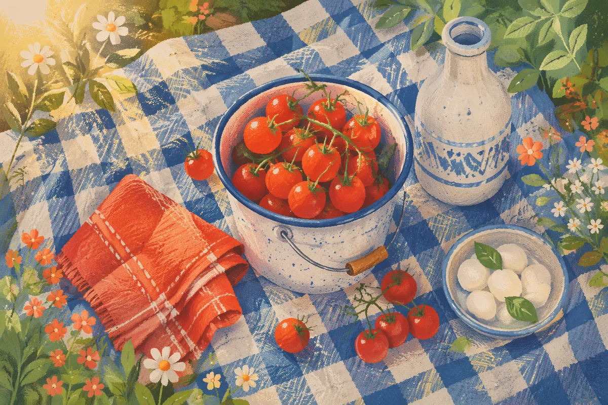 Summer Picnic Tomatoes on Checkered Blanket