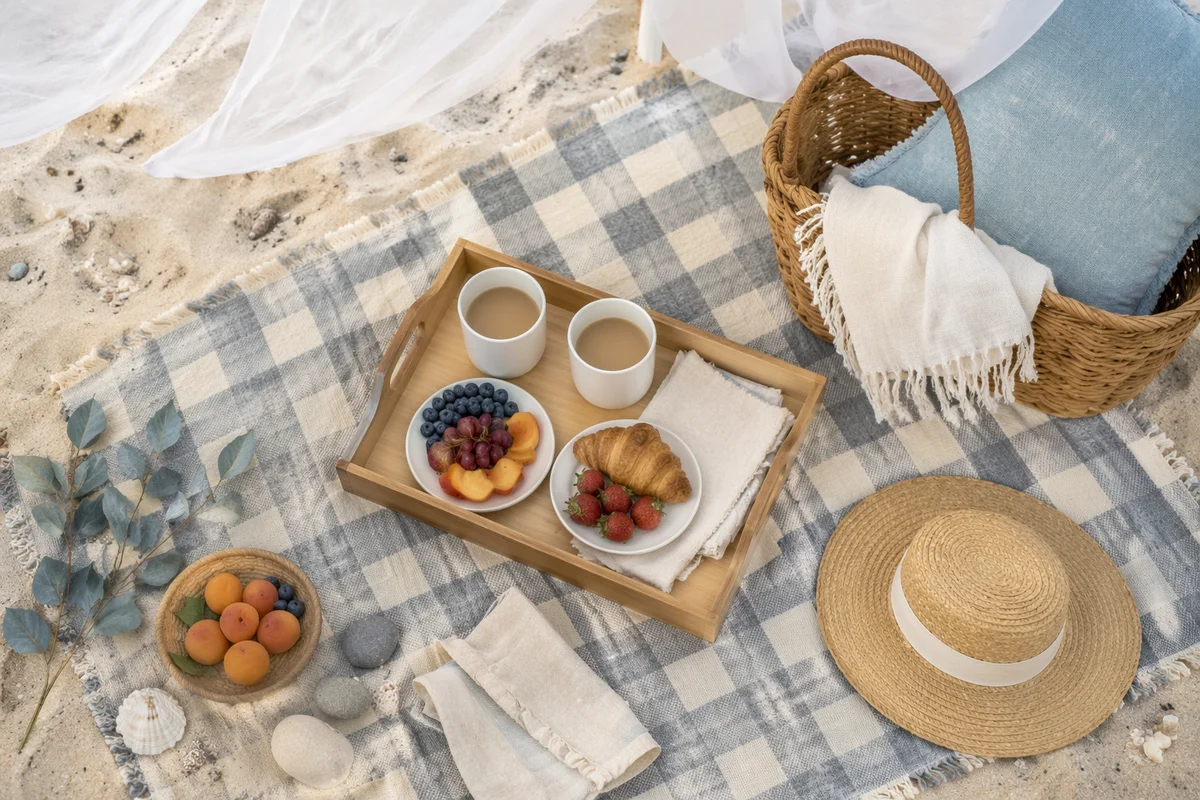 Serene Coastal Picnic on Checkered Blanket