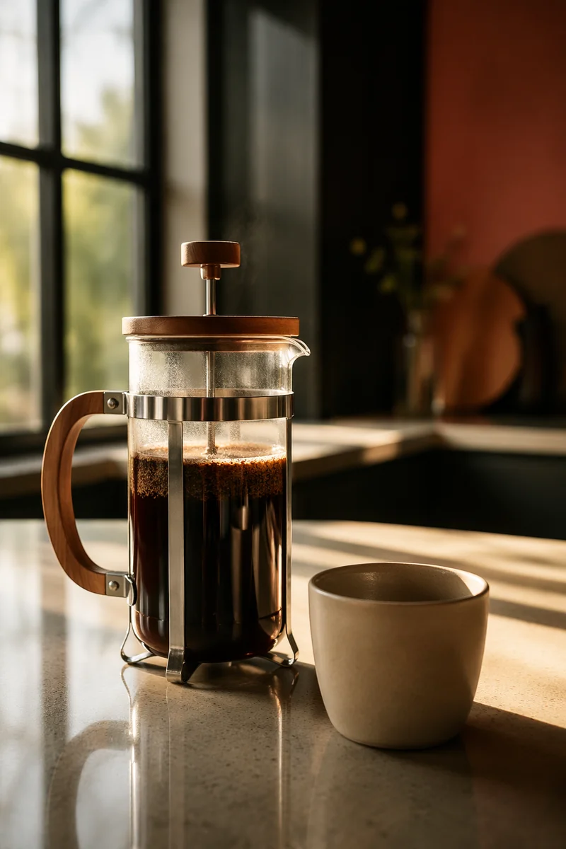 French Press Coffee in Morning Sunlight