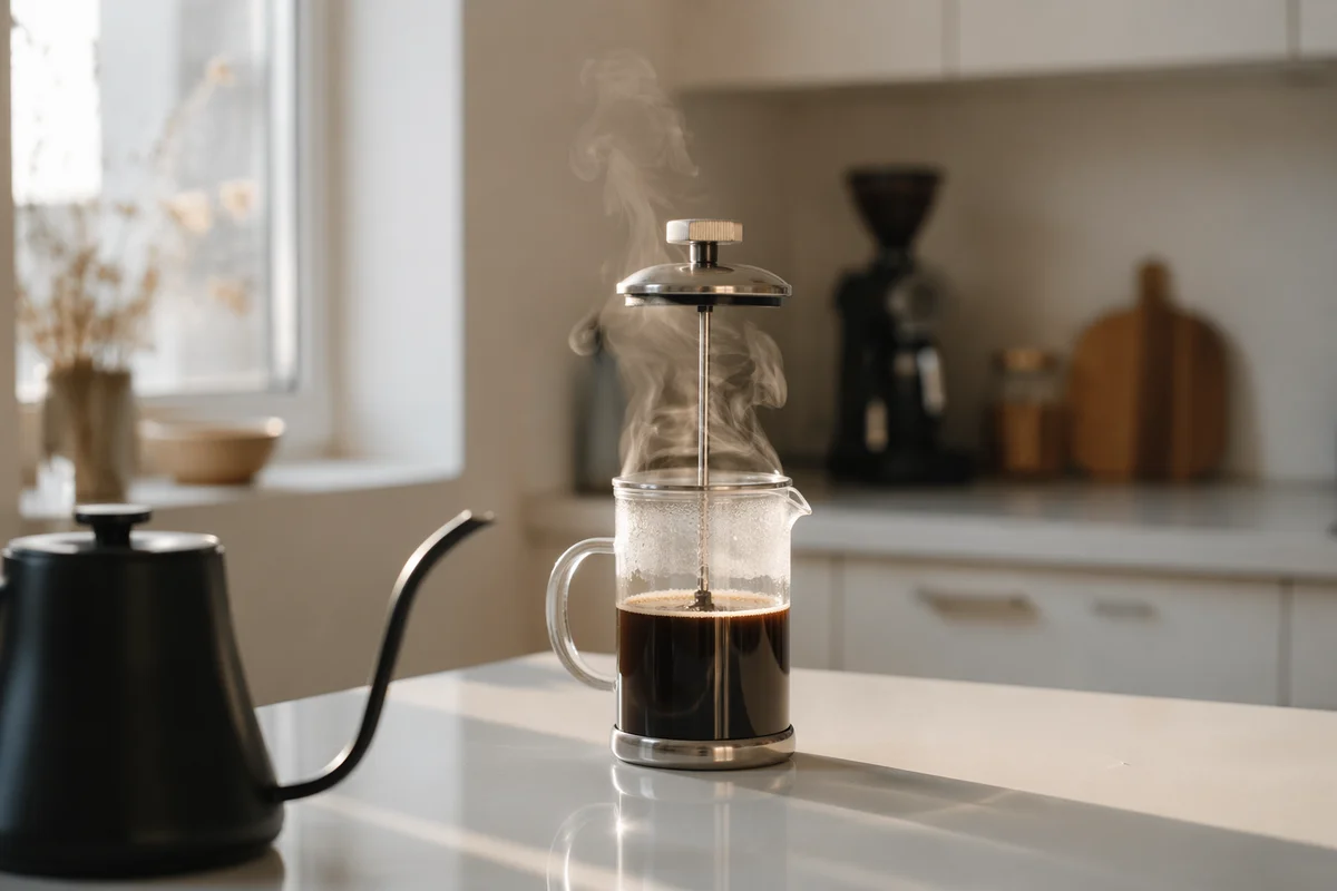 French Press Coffee in Morning Kitchen