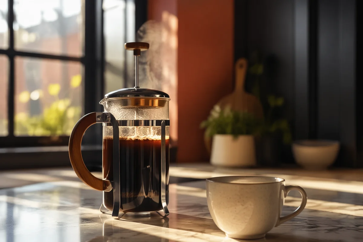 French Press Coffee in Morning Sunlight