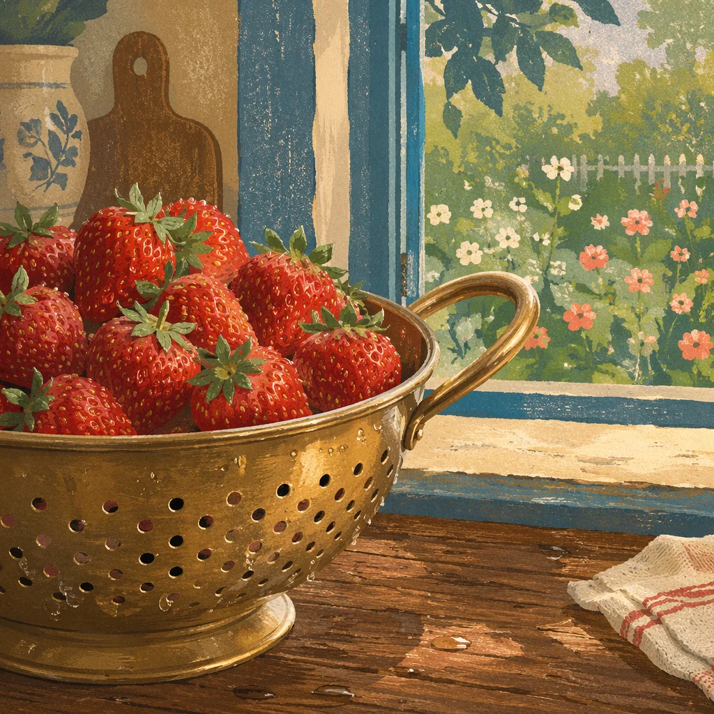 Fresh Strawberries in Brass Colander by Window
