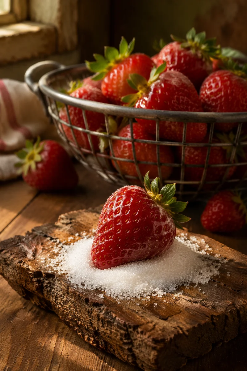 Fresh Strawberries on Rustic Kitchen Counter