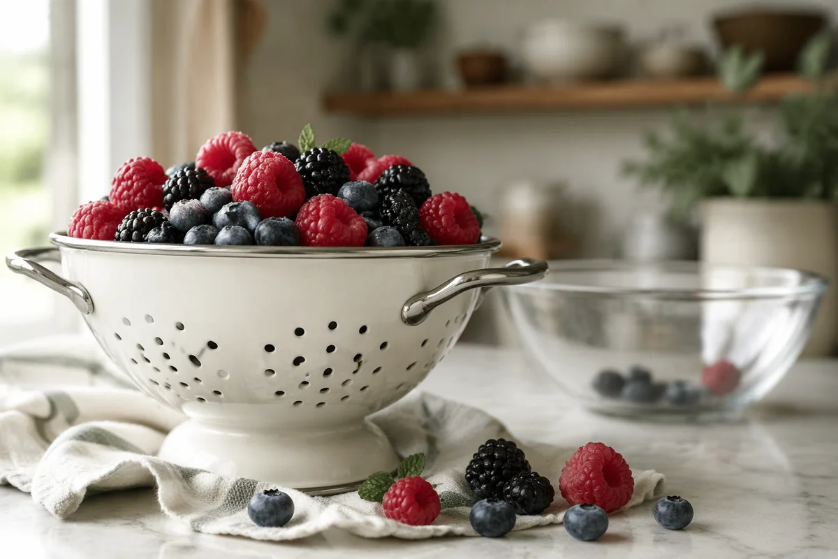Fresh Mixed Berries in White Colander