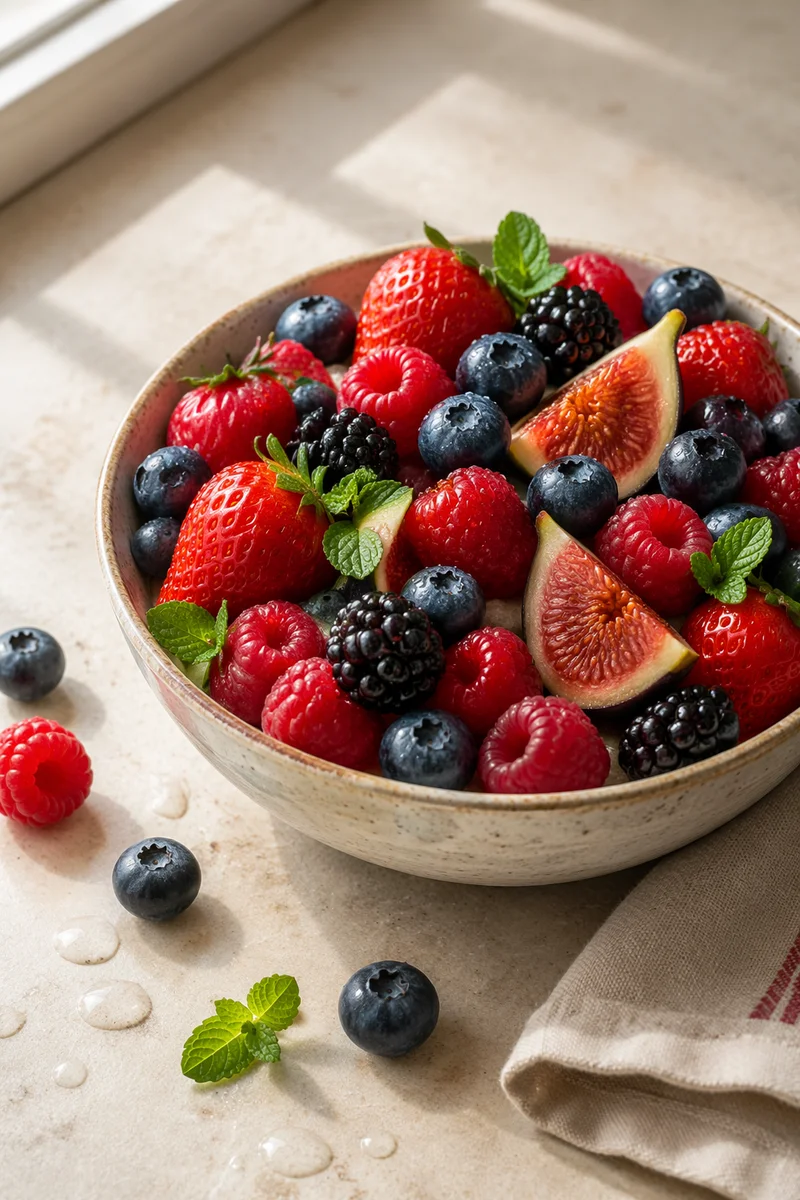 Fresh Berry Bowl with Figs Overhead