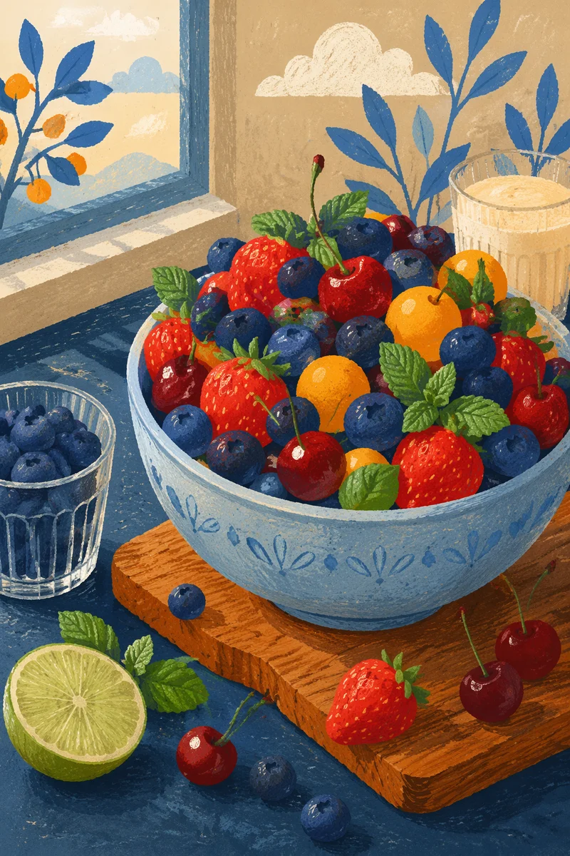 Colorful Summer Fruit Bowl Overhead Scene