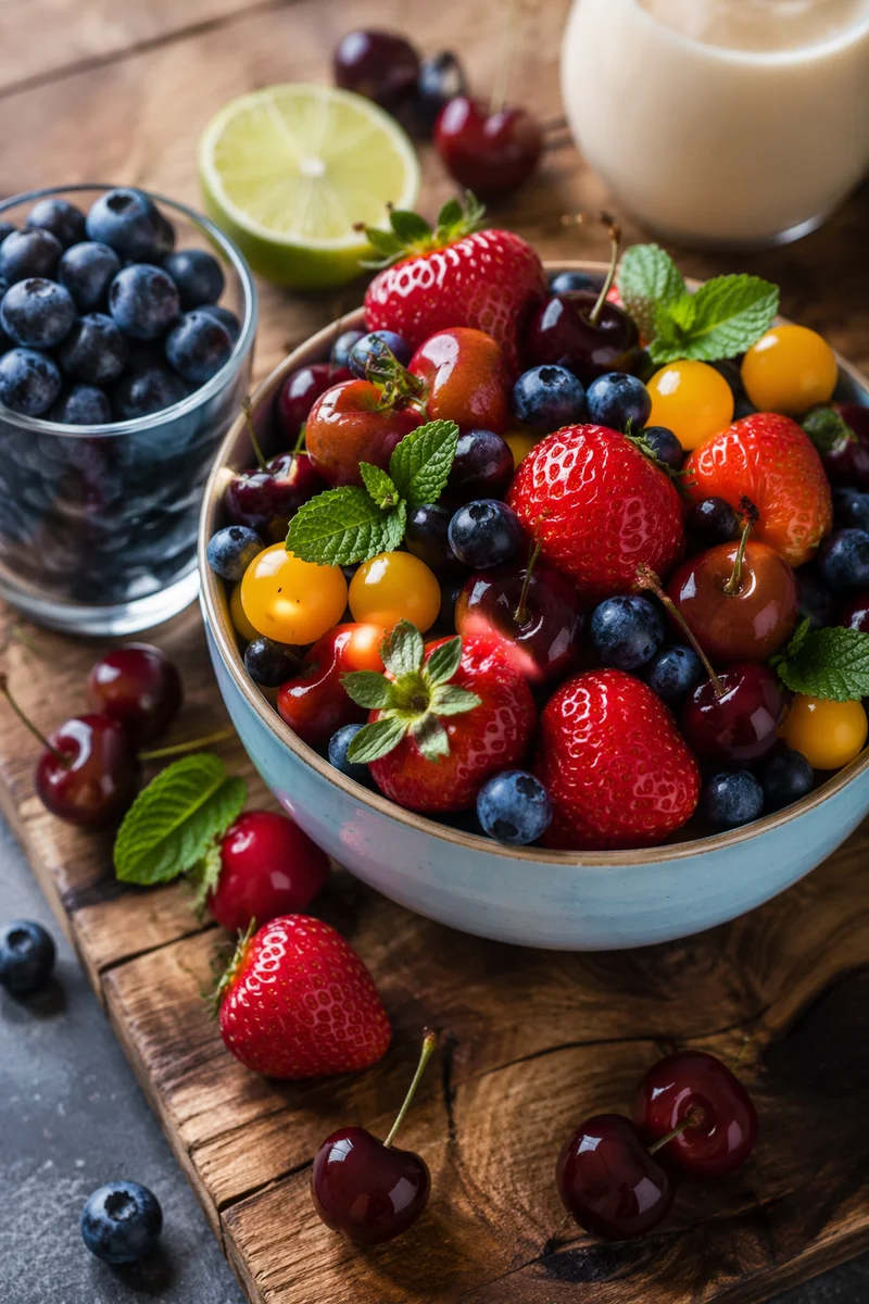 Overhead Fresh Fruit Bowl with Colorful Berries