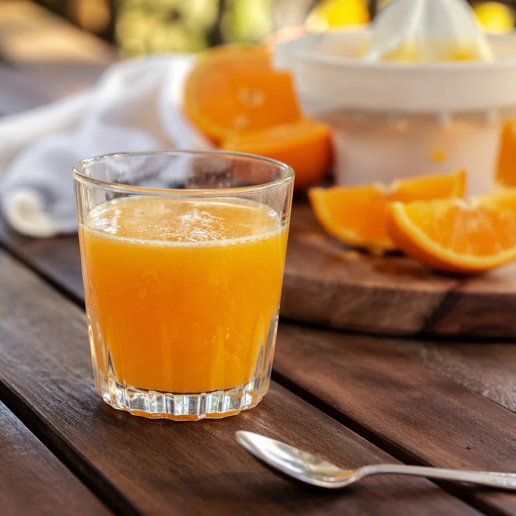 Fresh Orange Juice on Rustic Patio Table