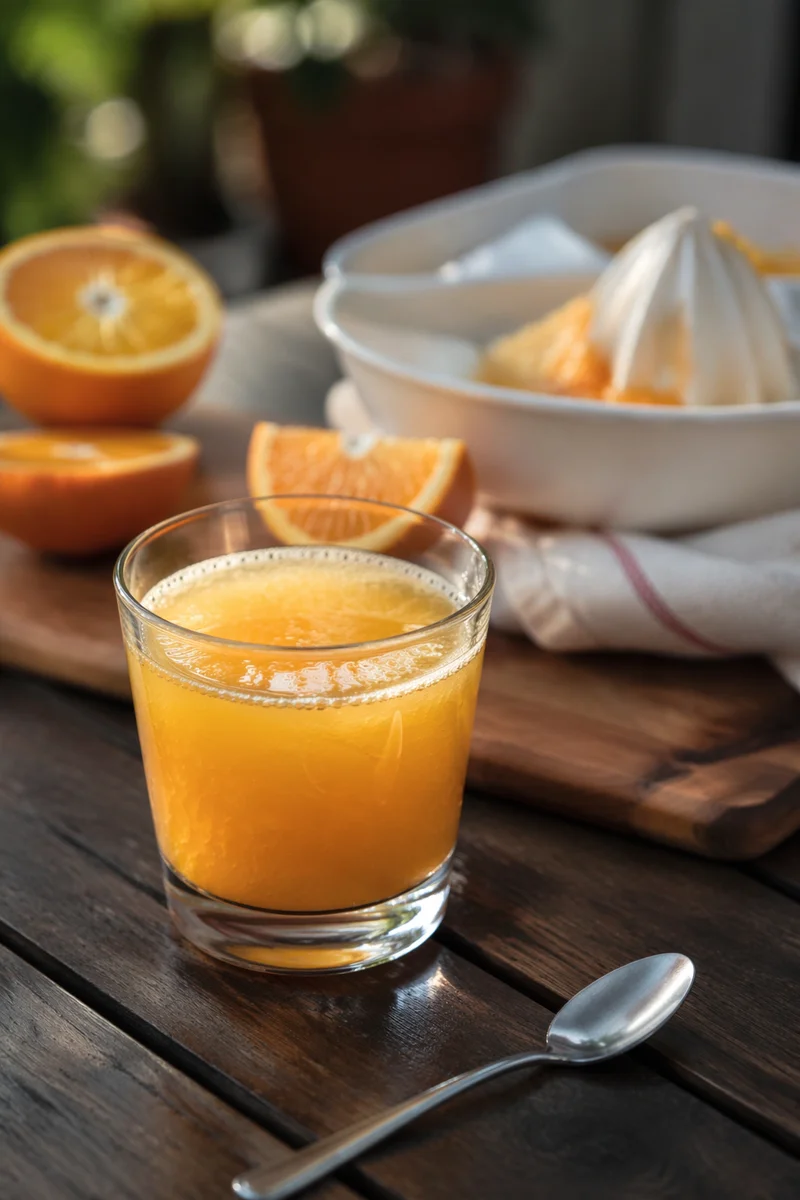 Fresh Orange Juice on Rustic Patio Table