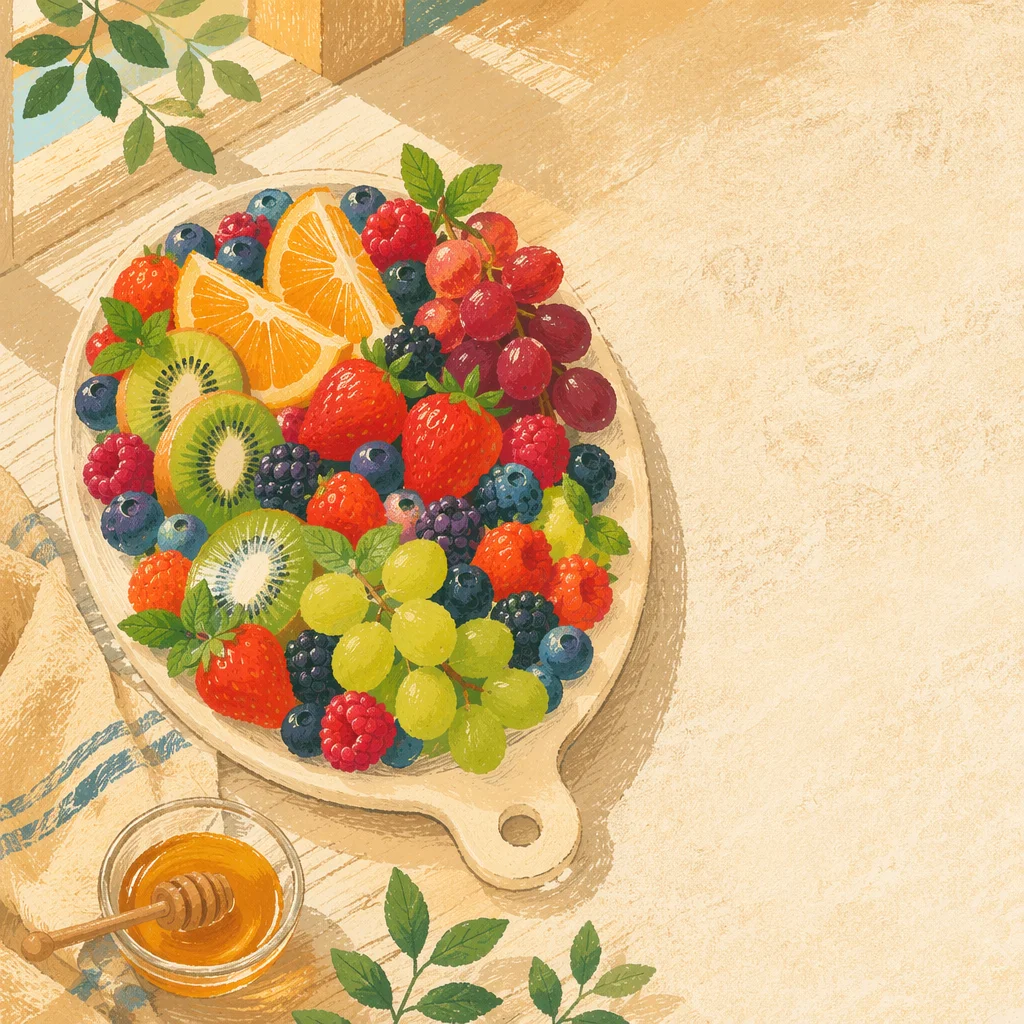 Colorful Fresh Fruit Platter on Kitchen Table