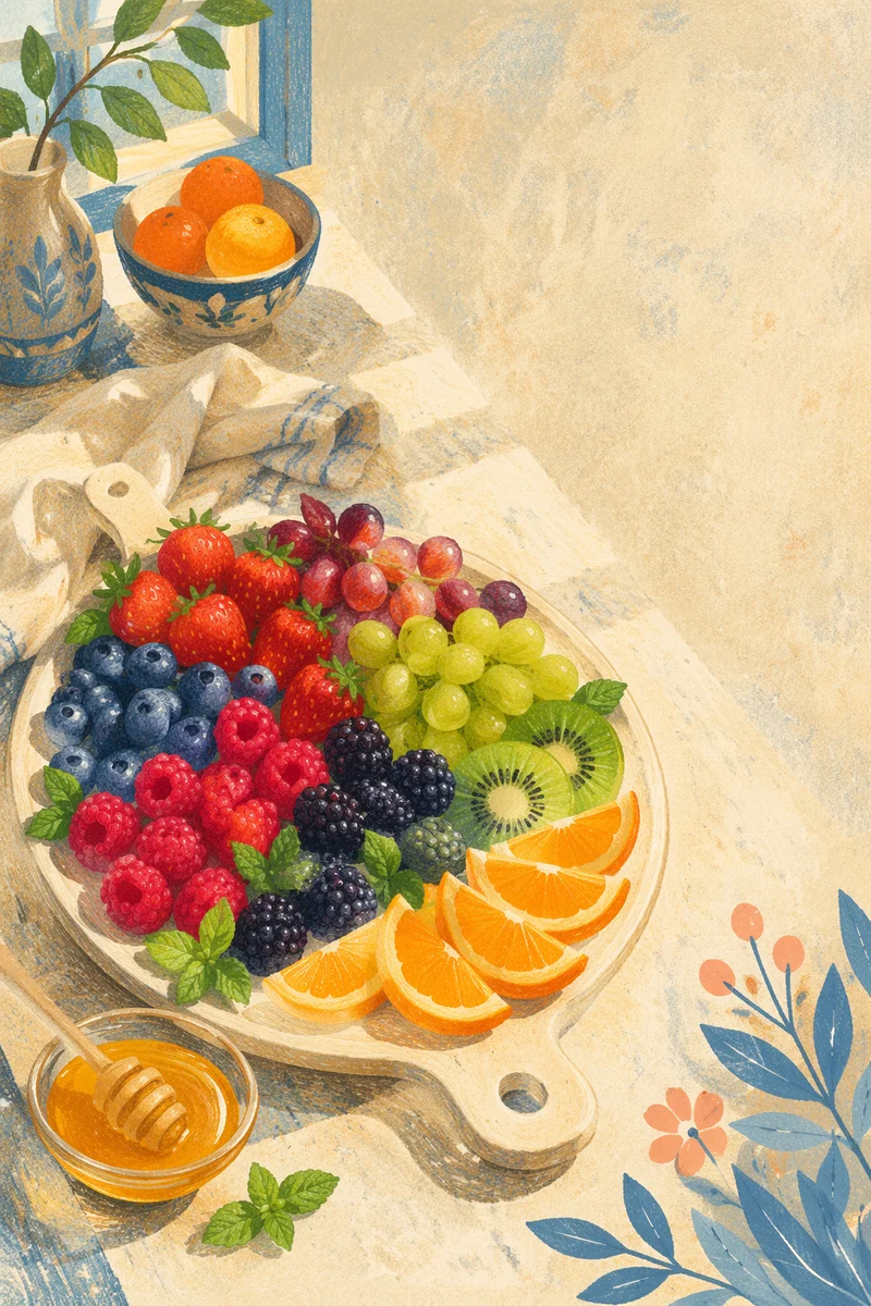 Fresh Colorful Fruit Platter on Kitchen Table
