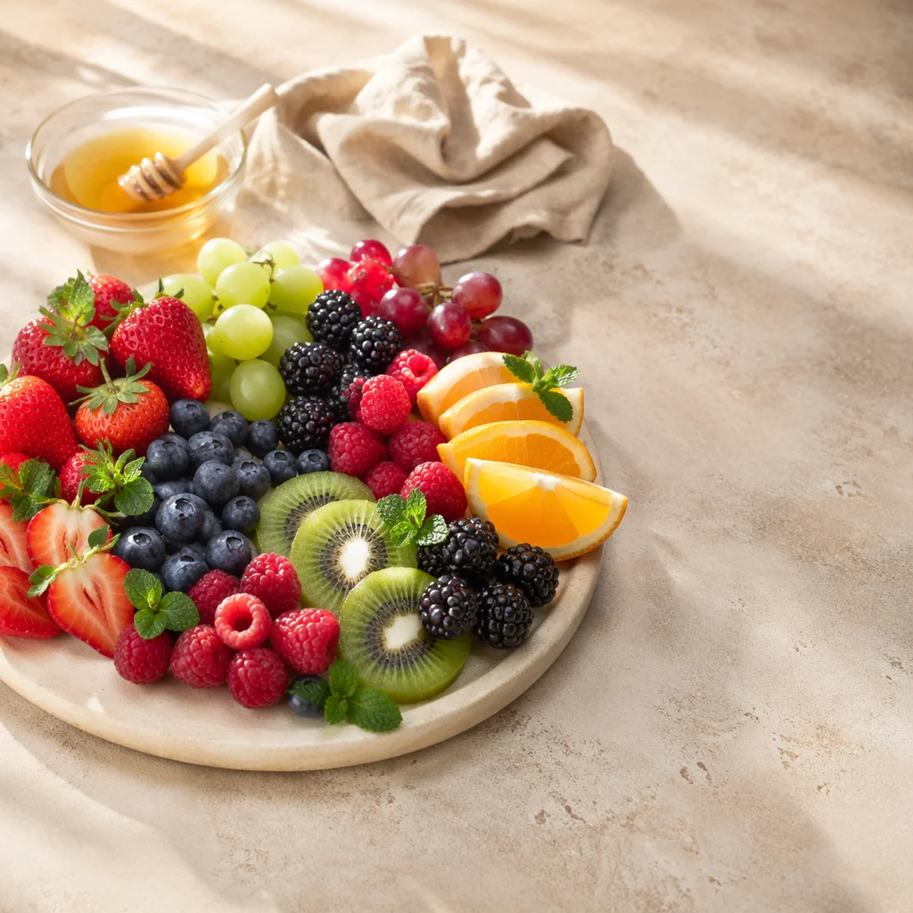 Colorful Fresh Fruit Platter on Kitchen Table