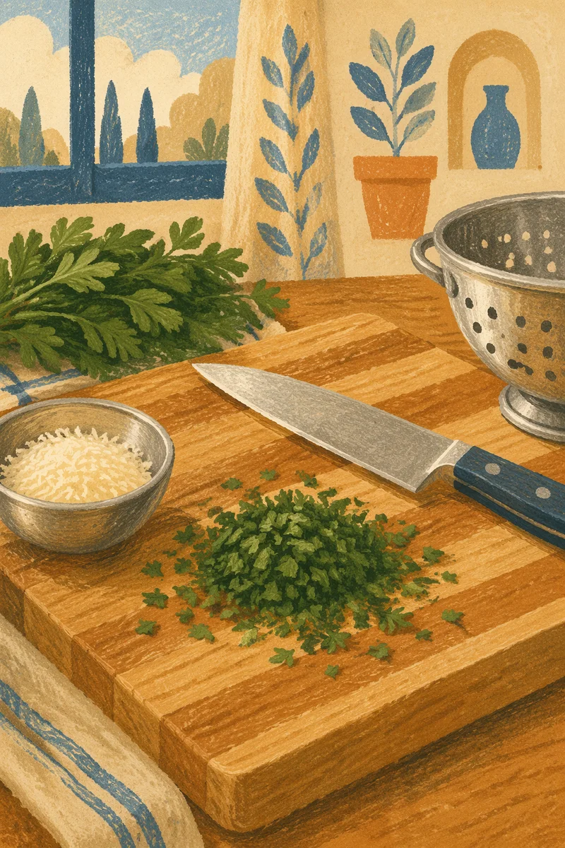 Fresh Chopped Herbs on Wooden Cutting Board