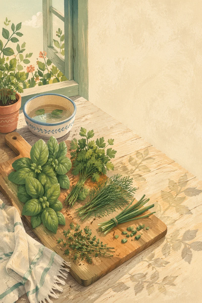 Fresh Garden Herbs on Rustic Cutting Board