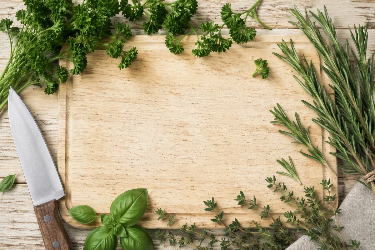 Fresh Garden Herbs on Wooden Cutting Board