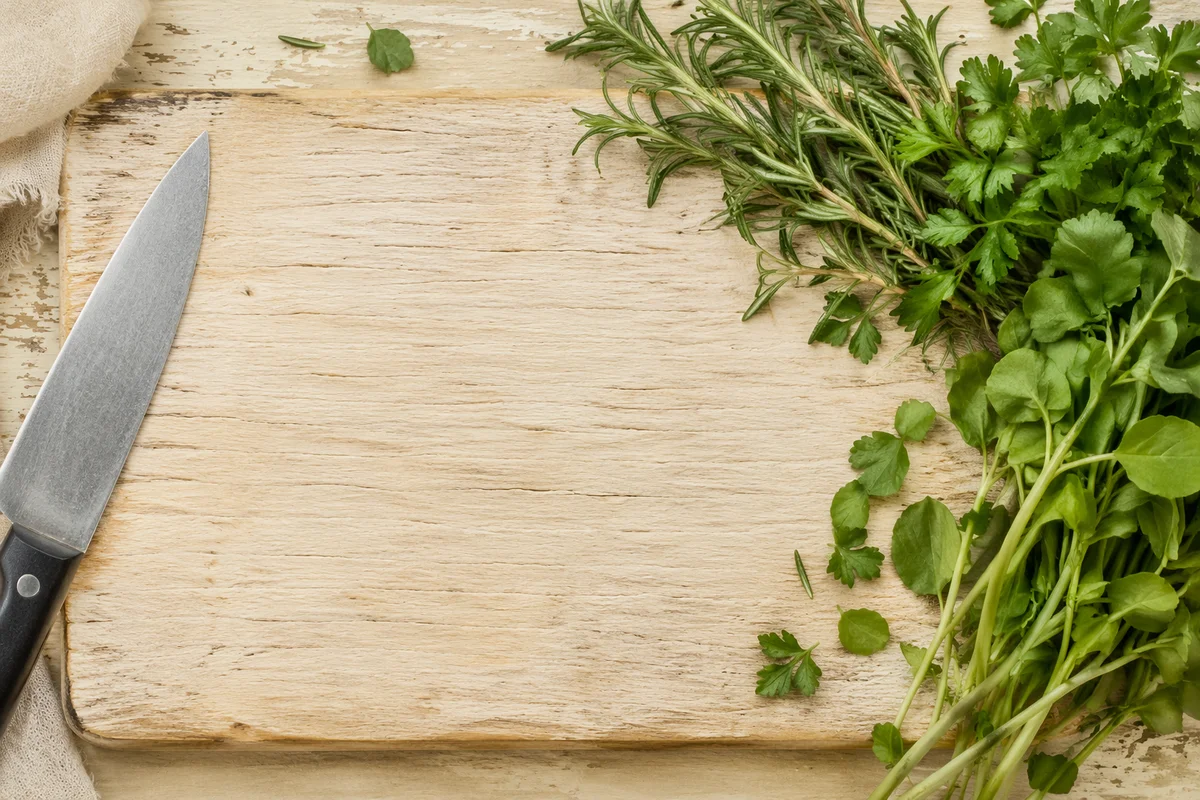 Fresh Garden Herbs on Rustic Cutting Board