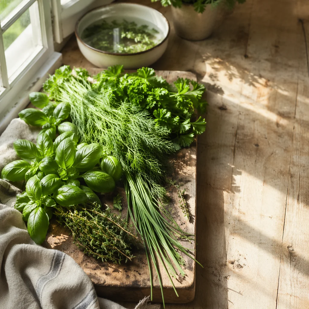 Fresh Garden Herbs on Rustic Cutting Board