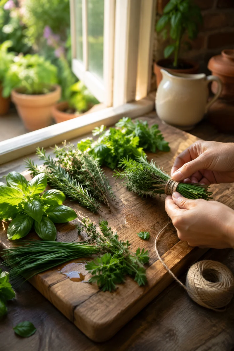 Fresh Garden Herbs on Rustic Cutting Board