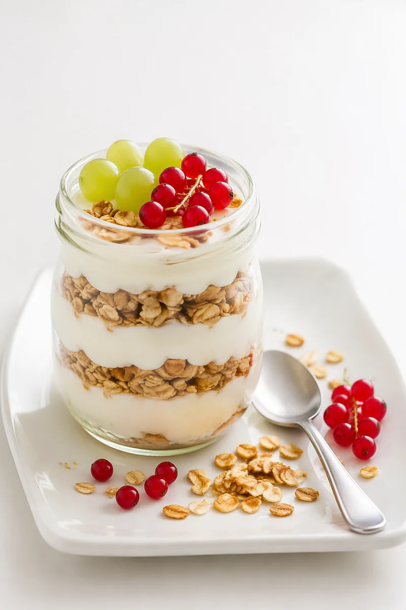 Layered Granola Yogurt Parfait in Glass Jar