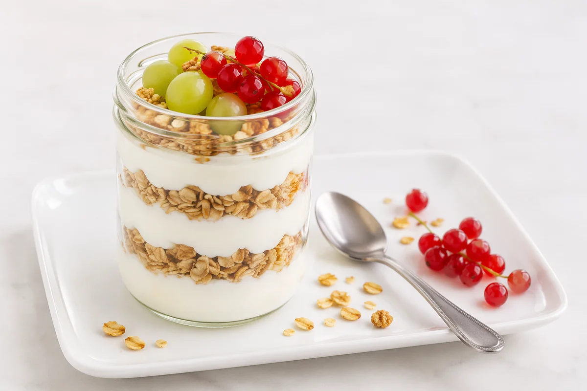 Layered Granola Yogurt Parfait in Glass Jar