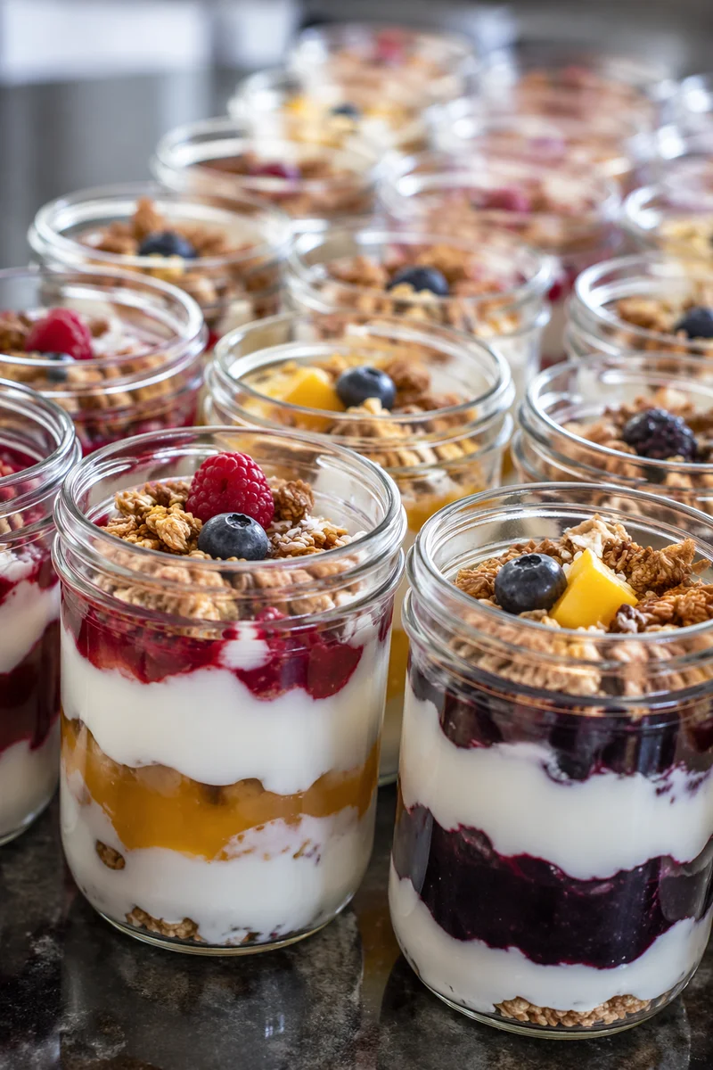 Layered Granola Yogurt Parfaits in Glass Jars