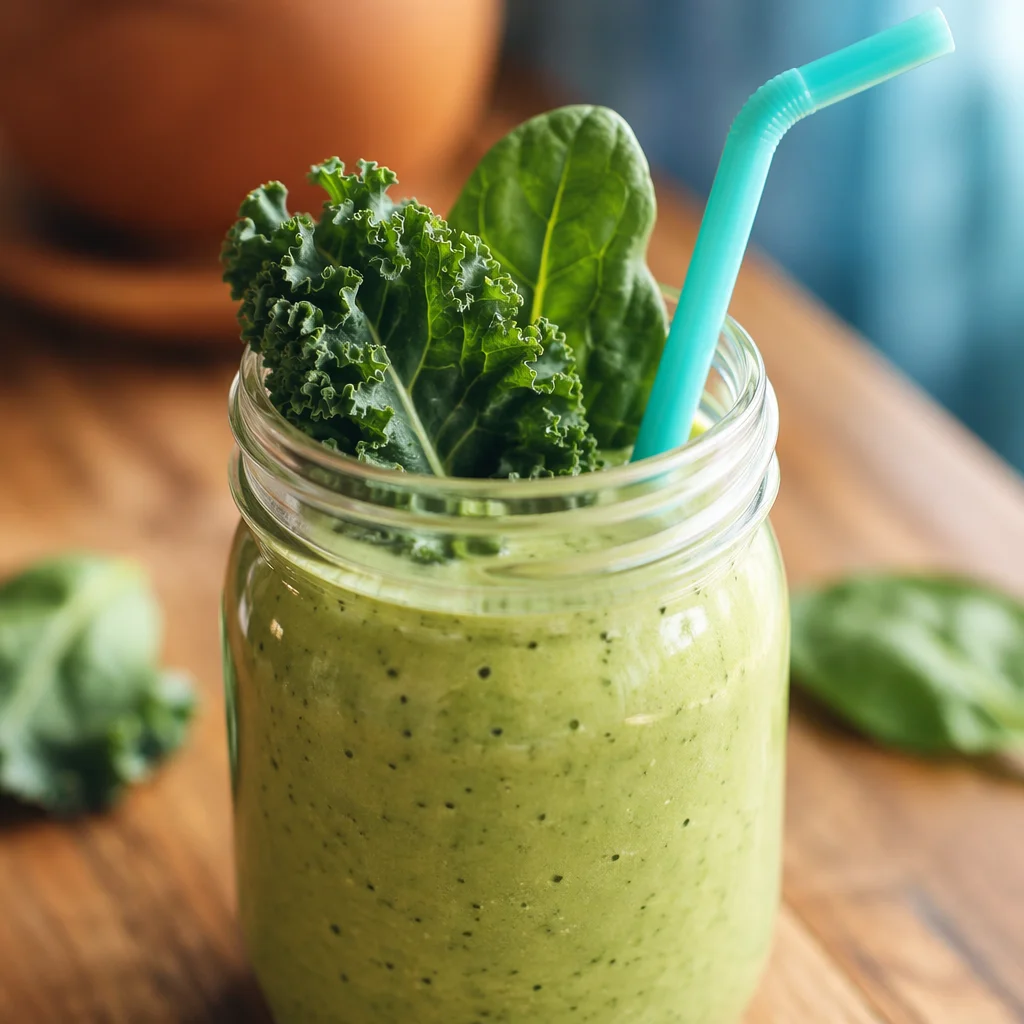 Fresh Green Smoothie with Kale Garnish