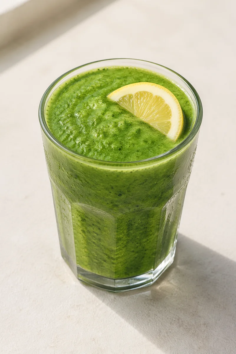 Fresh Green Smoothie with Lemon Garnish