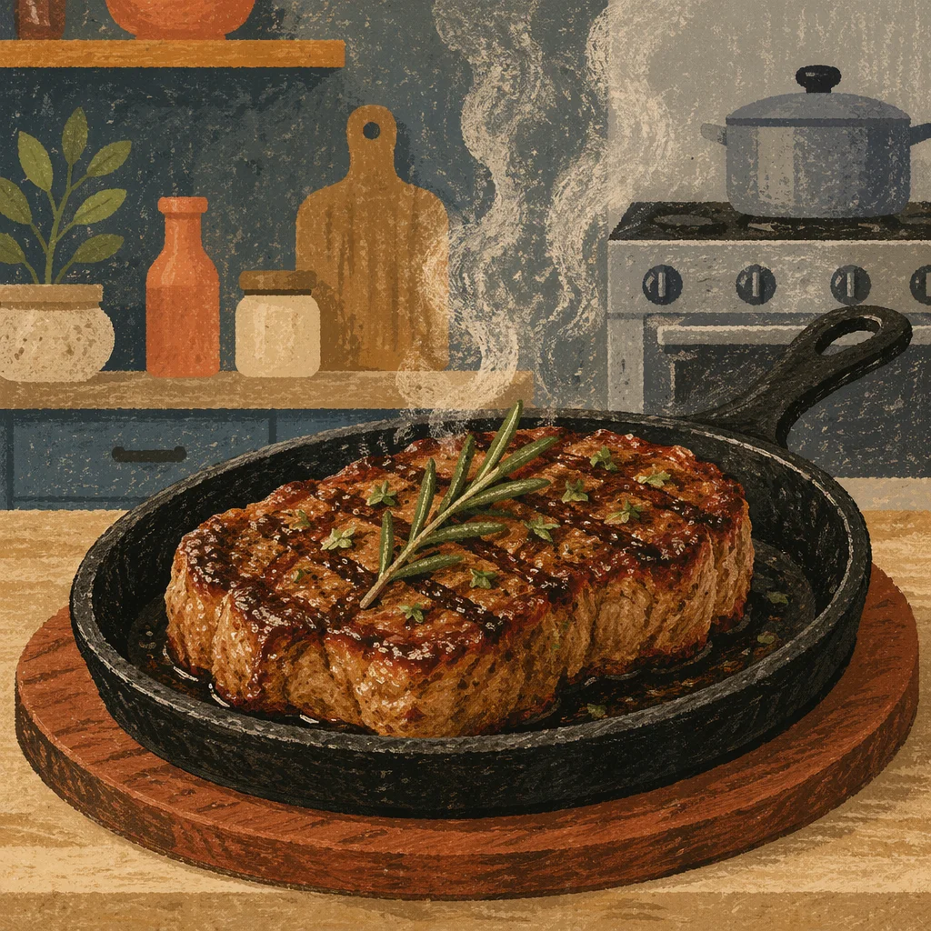 Sizzling Grilled Steak on Cast Iron Skillet