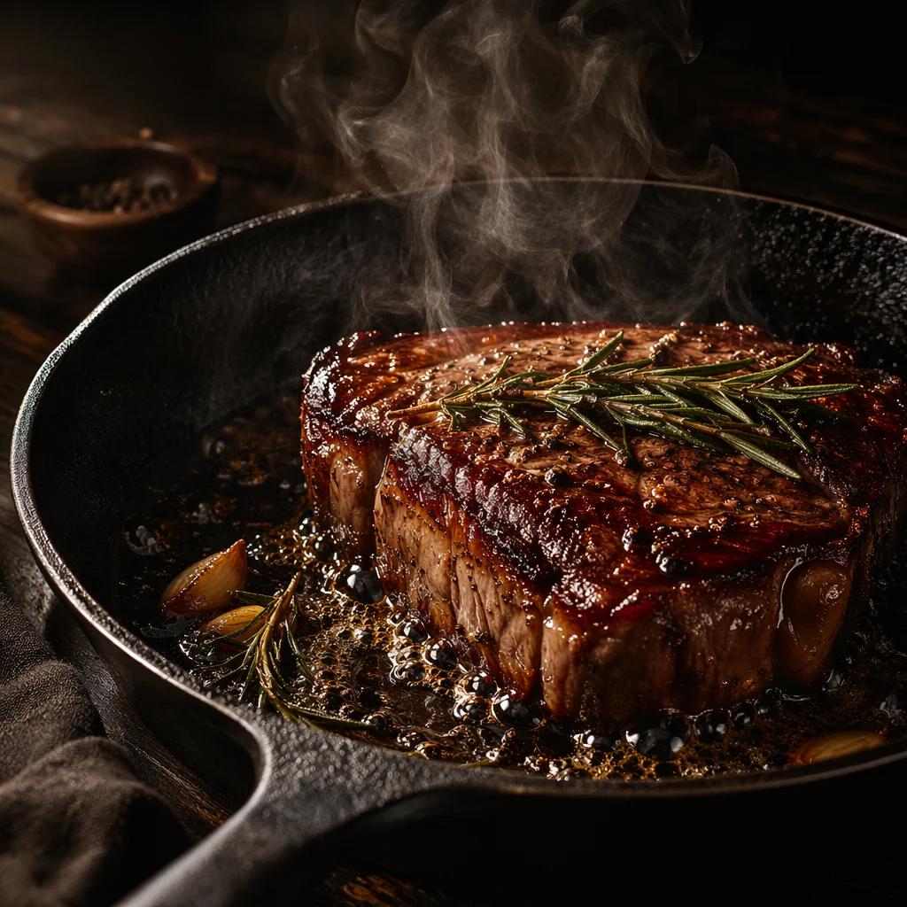Sizzling Steak in Rustic Cast Iron Skillet