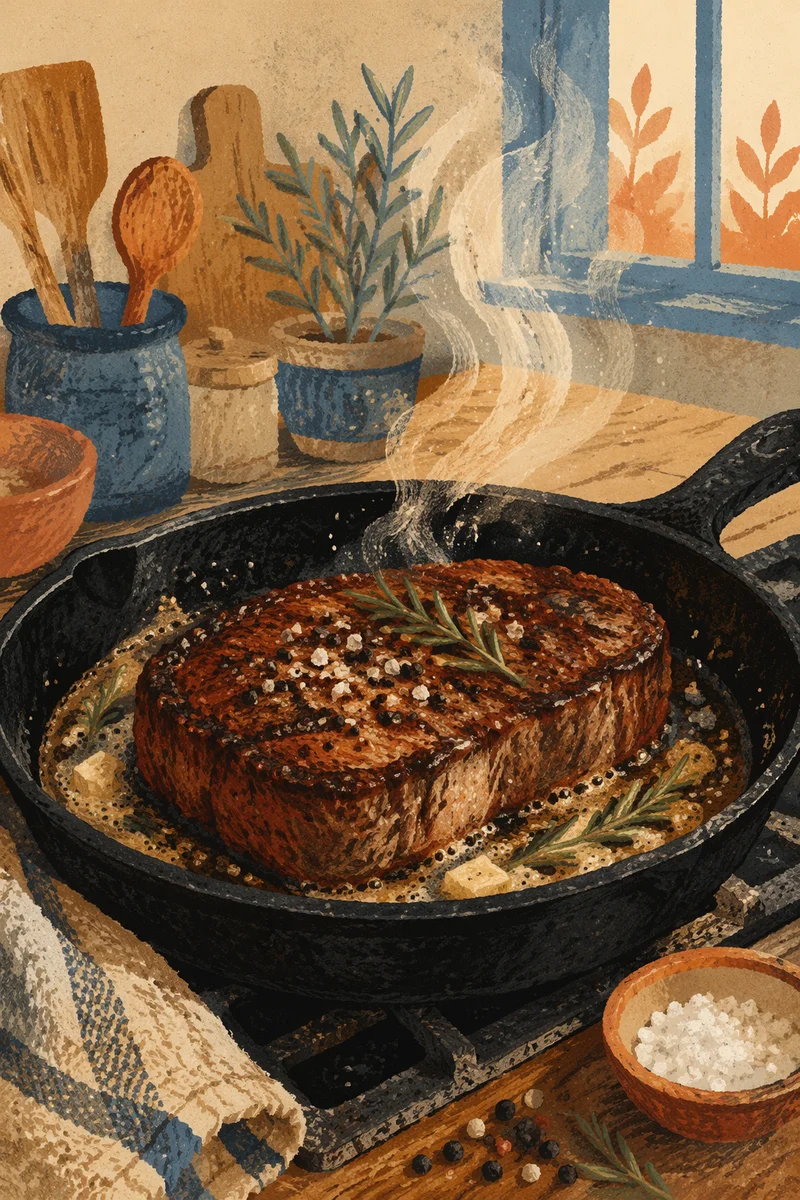 Sizzling Grilled Steak in Cast Iron
