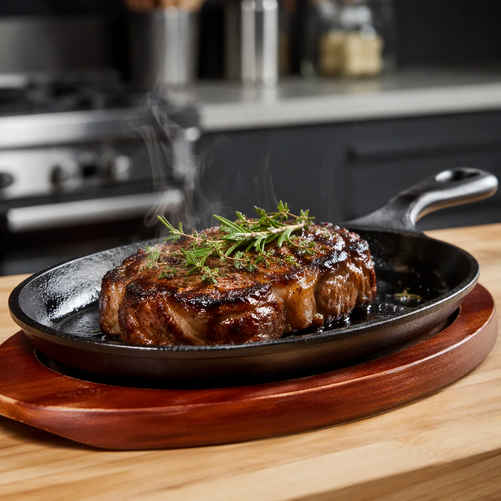 Sizzling Grilled Steak on Cast Iron Skillet