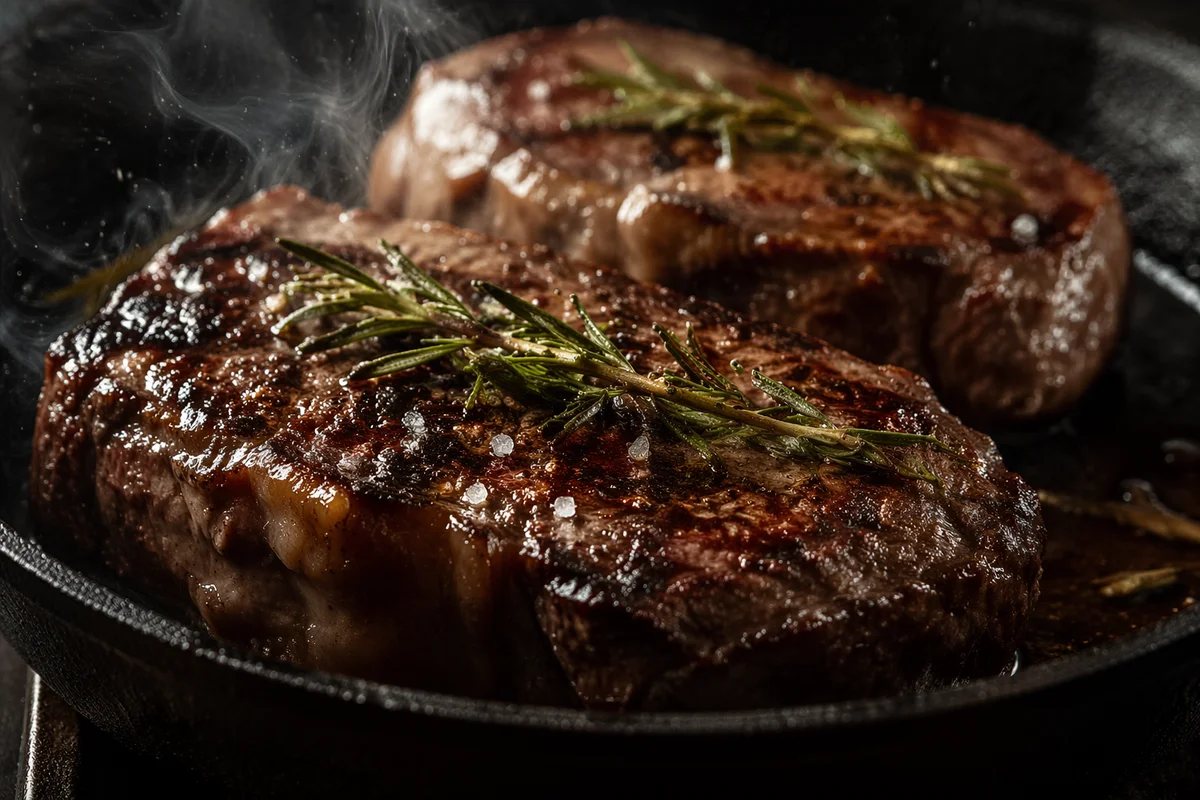 Sizzling Grilled Steak in Cast Iron Skillet