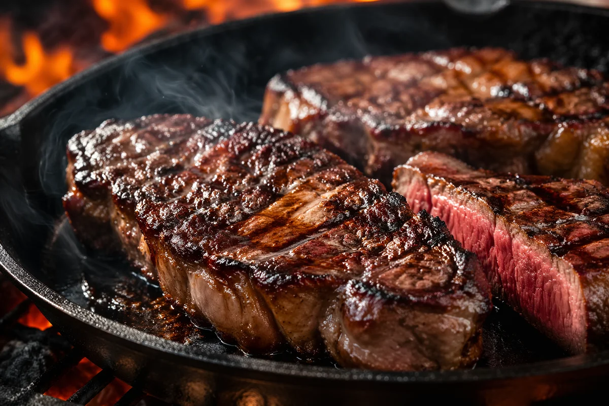 Sizzling Grilled Steak in Cast Iron Skillet