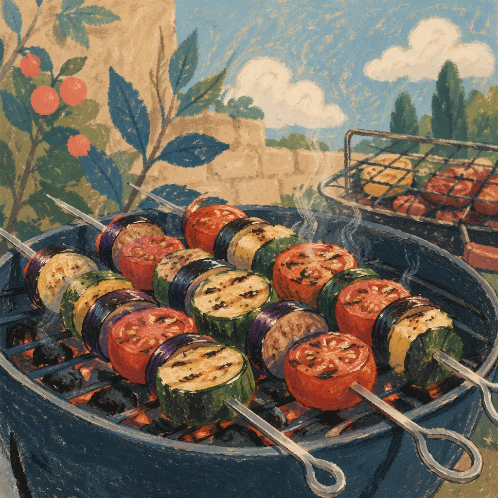 Grilled Summer Vegetable Skewers Over Charcoal