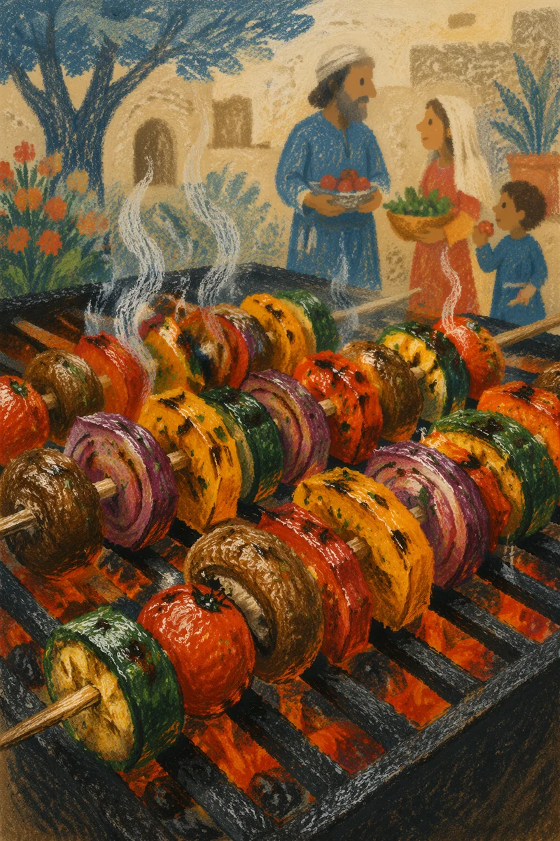 Grilled Vegetable Skewers on Rustic Barbecue