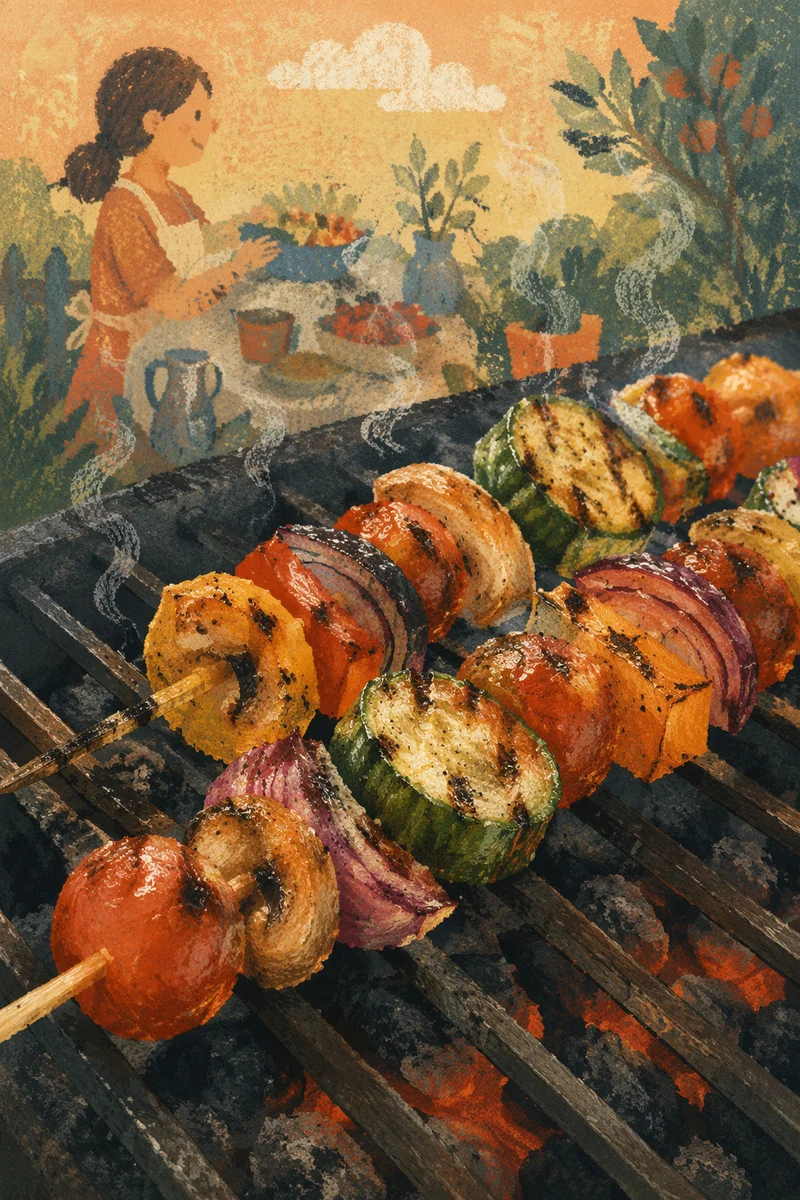 Close-Up Grilled Vegetable Skewers on Barbecue