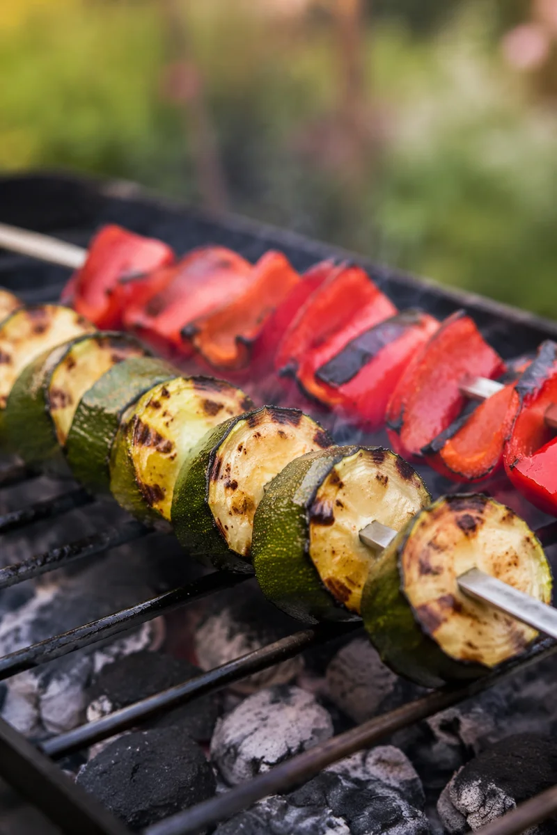 Close-Up Grilled Vegetable Skewers on Barbecue