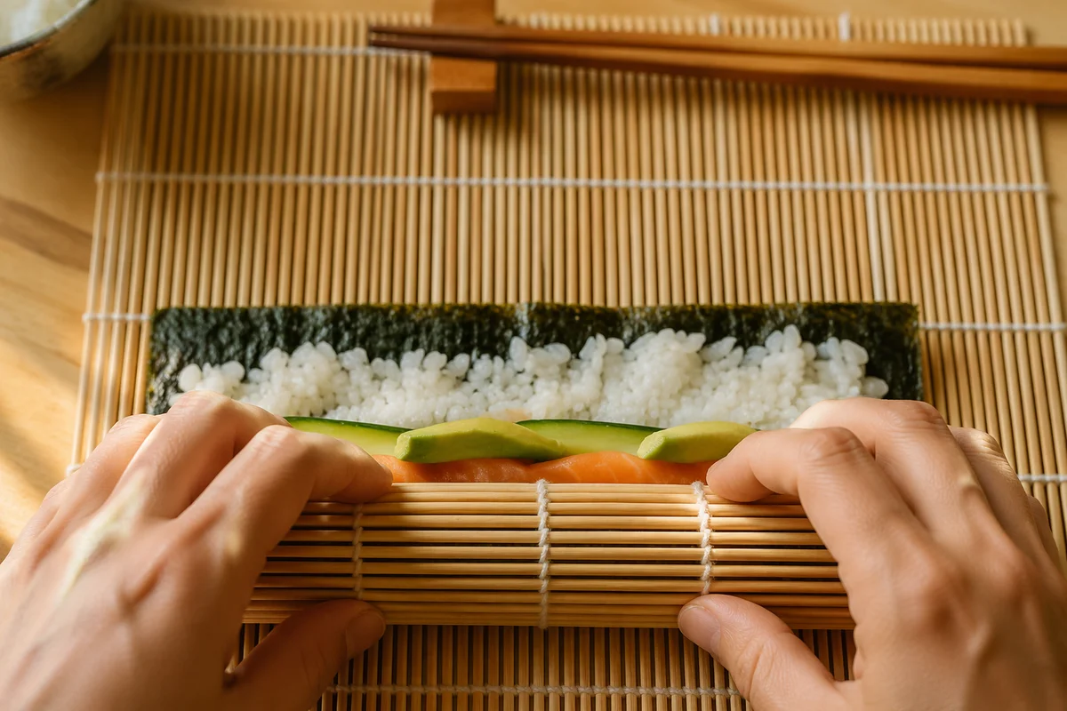Hands Rolling Homemade Sushi on Bamboo Mat