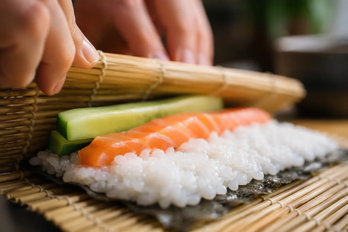 Hands Rolling Fresh Salmon Sushi
