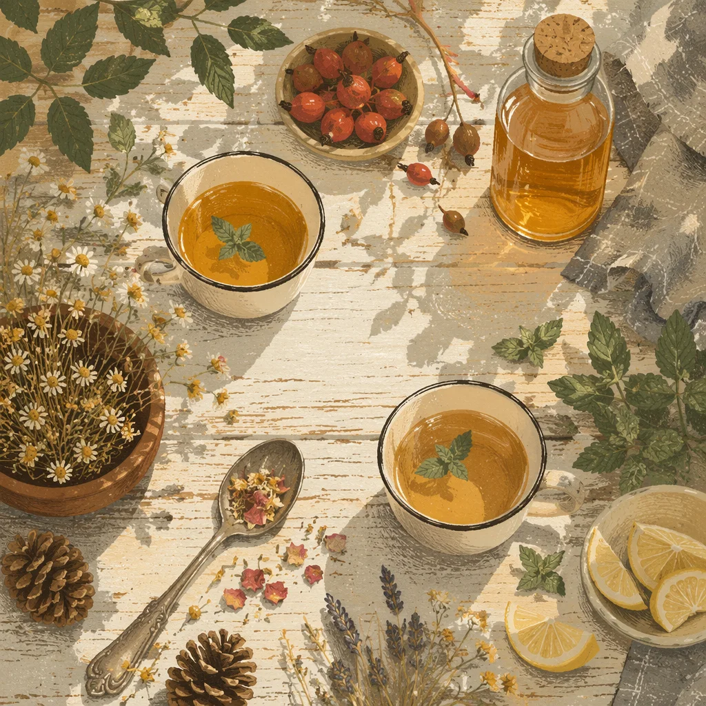 Rustic Herbal Tea Flat Lay with Dried Flowers